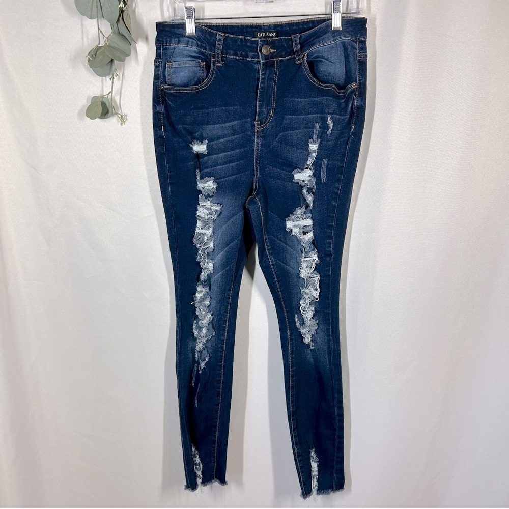 Elite Jeans | High Rise Distressed Skinny Dark Wash Ripped Juniors Size 13/14